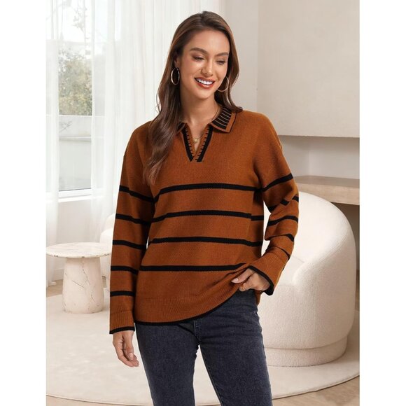 Women’s  Caramel Fall Polo Sweater Striped V Neck Long Sleeve Pullover - Picture 4 of 6